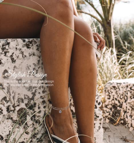 Evil Eye Dark Blue Round Anklet 925 Sterling Silver Boho Adjustable Layered Dainty Beach Foot Ankle Bracelet Jewelry For Women 10 Inches #TOP1