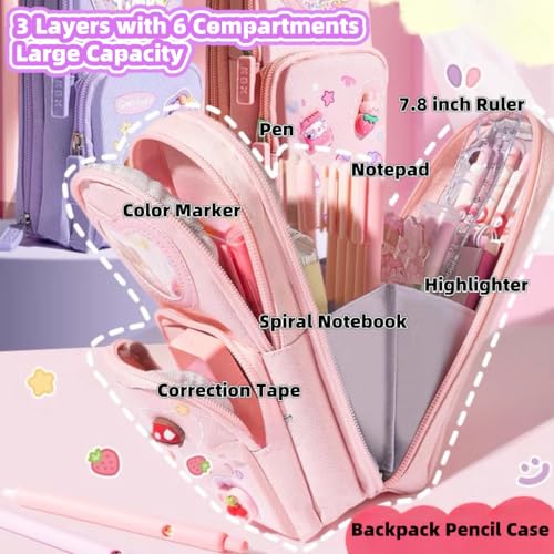 Image of Large Capacity Kawaii Pink Pencil Case & Pencil Pouch - Cute 3-Compartment Stationery Organizer for School Supplies, Office, and Travel | Ideal Gift for Girls and Art Lovers