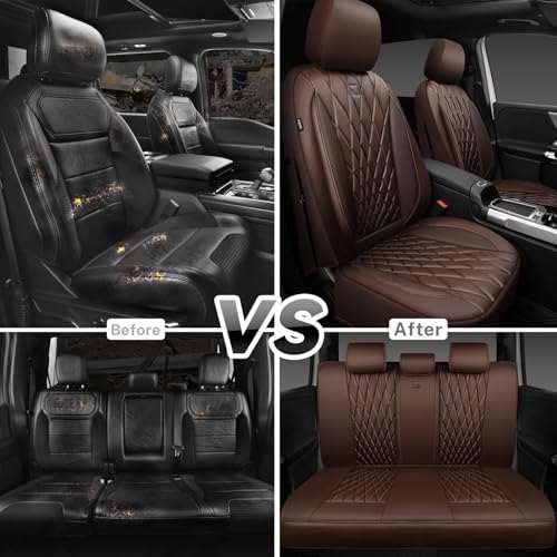 Image of CAR PASS Piping Luxury Faux Leather Seat Covers Full Set, 5 Seats Anti-Slip Waterproof Seat Covers Compatible with Front Armrests, Universal Fit for Suvs,Vans,Trucks,Airbag Compatible, Pure Brown