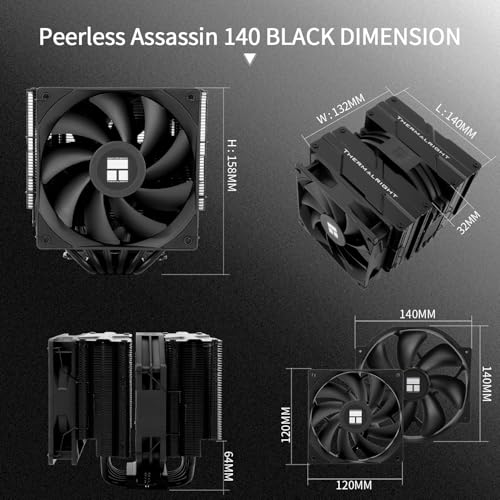 Thermalright Peerless Assassin 140 Black Chłodnica CPU, 6 Heatpipes technologia AGHP, wentylatory Dual PWM o prędkości 1500 obr./min, chłodnica z podwójną wieżą, do AM5/AM4 i Intel LGA 1700/1851/1150