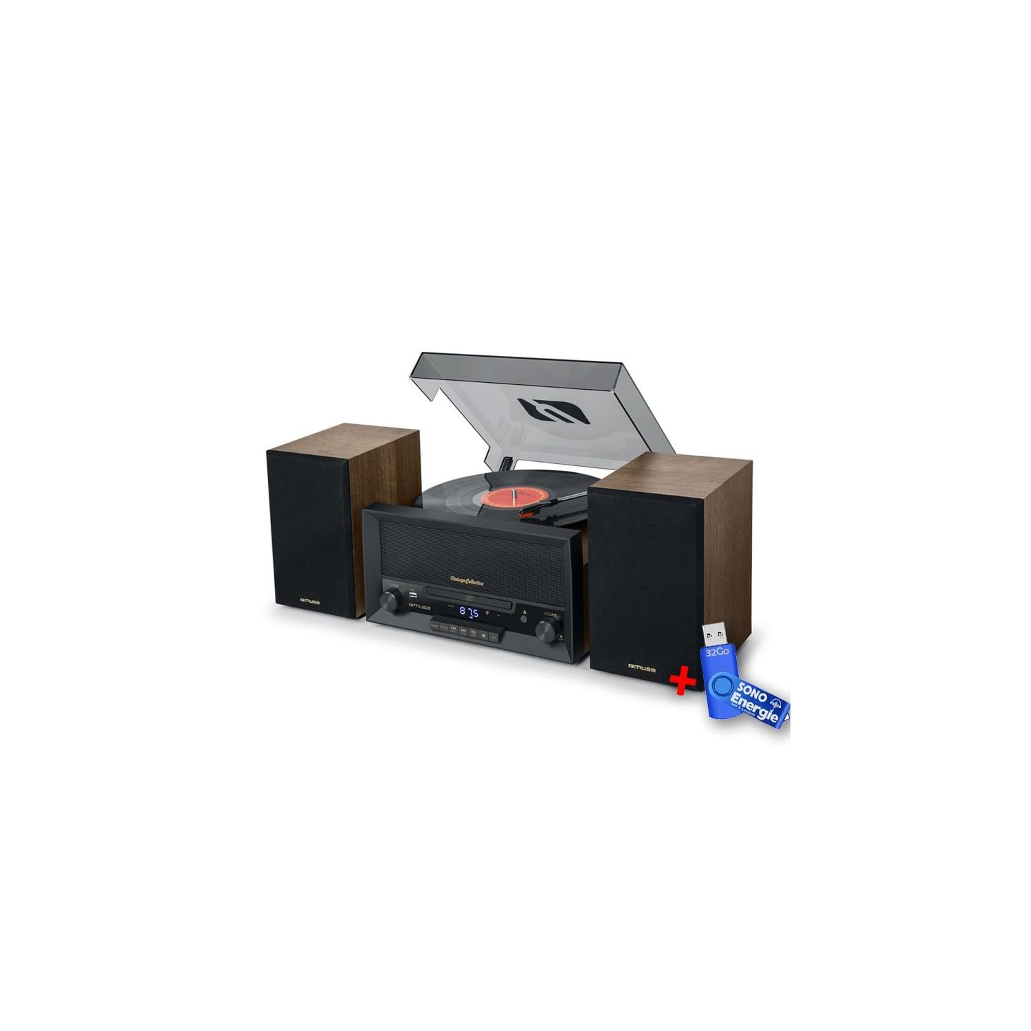 BMI Platine Vinyle Muse MT-120 MB avec système CD, Bluetooth, USB, stéréo 3 Vitesses 33/45/78 Tours+clé USB 32Go