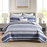 Homzard California King Size Comforter Set,Blue Gray Striped Bedding Sets (118 * 106 Inch) with 2 Pillow Shams,100% Cotton Striped Floral California Quilt Set Bedspread Set