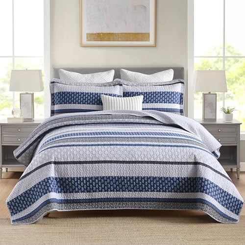 Image of Homzard 100% Cotton Quilt Set,California King 118'' x 106'' Oversized Bedspread Set with 2 Pillow Shams, Blue Gray Lightweight Comforter Set Striped Floral Bedding Set Reversible King Bed Set