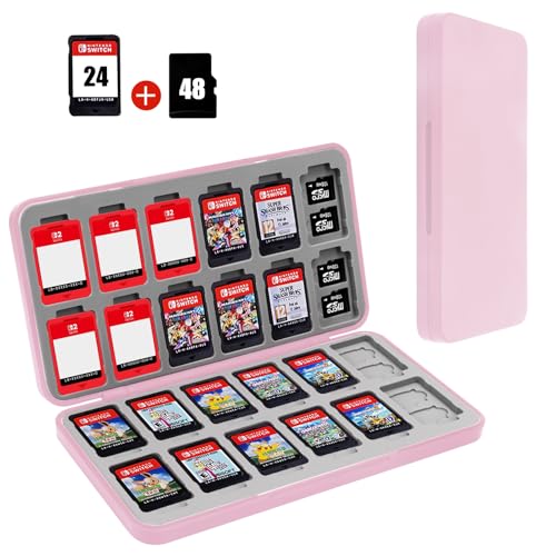 Image of FYY Nintendo Switch Game Case Holder for Switch 2 Cartridge Case with 24 Game Card Slots & 48 Micro SD Card Slots, Hard Shell, Silicone Lining Pink