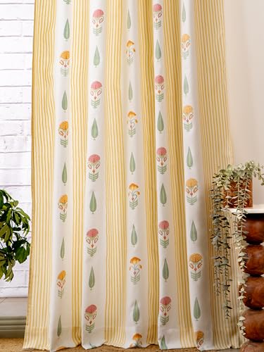 Image of Tranquebar Curtain Co. Window Curtains 6 Feet, 60-65% Room Darkening,Yellow-Pink Floral Print, Cotton Curtains for Window, Cotton Curtains 6 Feet Long Set of 2, BackTab Loops,Reva (183 cm) - Set of 2