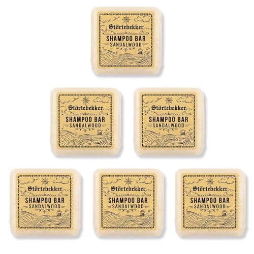 Störtebekker® Premium Shampoo Bar Sándalo 6 x – Champú sólido para hombre y mujer – Jabón de ducha 3 en 1 para hombre, para el cabello, la cara, el cuerpo, champú hidratante, vegano, hecho a mano, 6 x