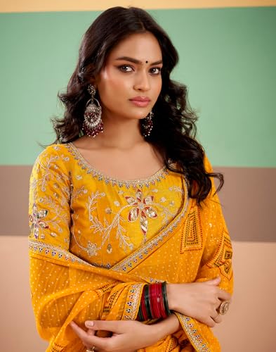 Image of SIRIL Women's Georgette Bandhani Printed, Embroidery Lace Saree With Unstitched Blouse Piece