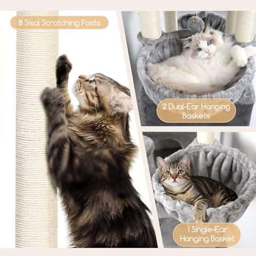 Image of Globlazer Extra Large Cat Tree Tower, 82in Tall Heavy Duty Cat Tree for Indoor Cats Large Adult Big Cat Tower with 8 Scratching Posts, 2 Cat Condos, 2 Top Perches, 3 Hanging Baskets, S82, Light Grey