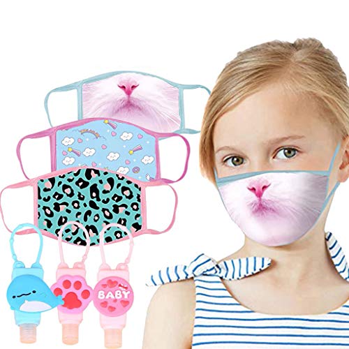 Kid Cartoon Face Protection - Cat Reusable Washable Breathable Child Face Protection with Empty Bottles for Hand Sanitizer Cute Children Face Bandanas for Outdoor Indoor (3 PCS, D)