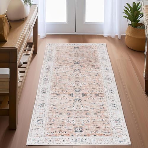 TOPICK Rosa Läufer Teppich Wohnzimmer Waschbar Superdünne Vintage Blumen Perserteppich Kurzflor...
