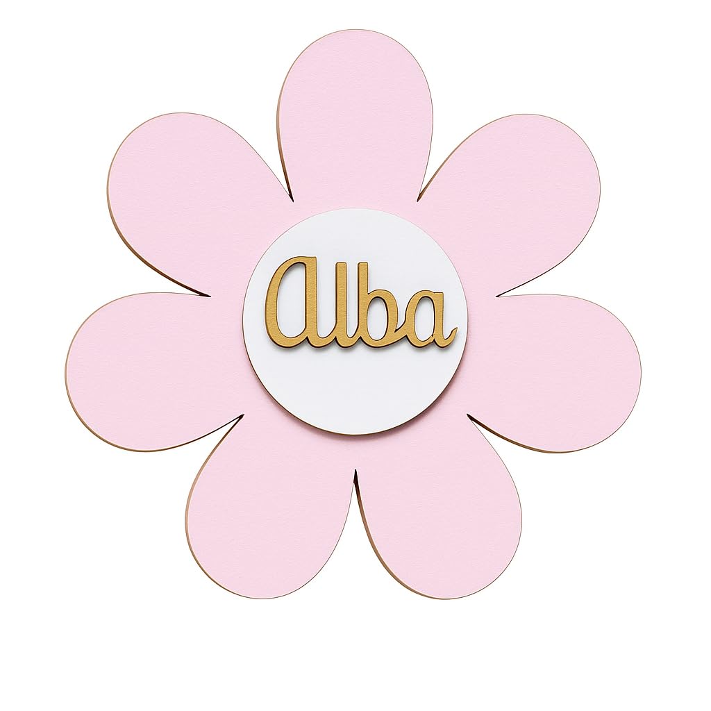 Placa decorativa Infantil de madera- flor Margarita Decorativa Personalizada con Nombre – Placa Infantil para Habitación, Puerta o Pared madera– Regalo Original Personalizado Bebé- Decoraciones niño