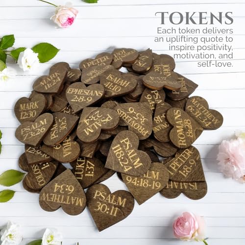 Image of Biblical Affirmation Wood Cutouts | 72 Unique Laser Engraved Wood Hearts with Bible Verse Passages | Includes Desktop Affirmation Holder | Daily Religious Prayer Gift