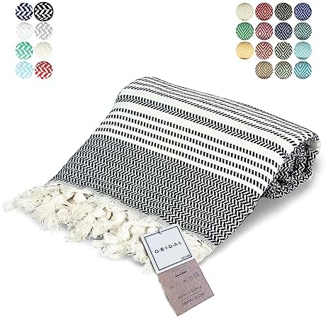 GRIDAL Premium Turkish Towel (Peshtemal) Hand Made, Natural & Vegan - Bath Towel & Beach Towel - 100% Cotton - Large: 37"x70" - Herringbone Pattern (Black)