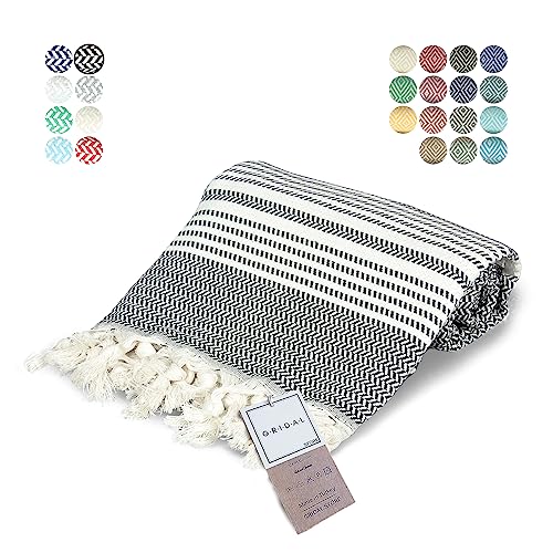 Gridal Premium Turkish Towel (Peshtemal) Hand Made, Natural & Vegan - Bath Towel & Beach Towel - 100% Cotton - Large: 37"X70" - Herringbone Pattern (Black) #TOP2