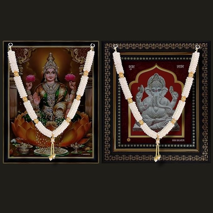 Image of iHandikart Artificial Garland for God Idols & Home Decor, Pack of 2 White Flower Mala for Temple, Pooja, Festivals & Wedding Decoration Size (29 Inch)