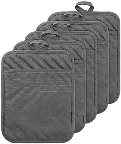 GROBRO7 5Pack Pocket Pot Holders Cotton Heat Resistant Potholder Multipurpose Hot Pads Machine Washable Oven Mitts Potholders Bulk for Daily Kitchen Baking and Cooking 8.9 x 6.9 Inch Grey
