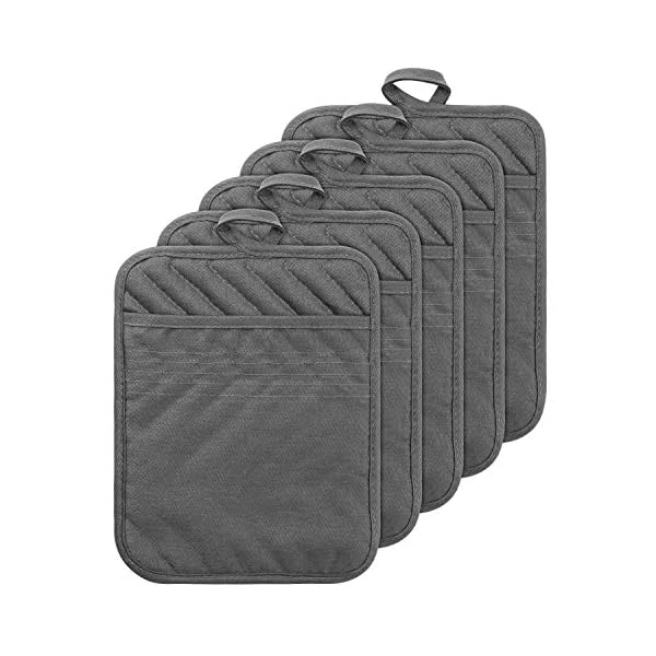 GROBRO7 5Pack Pocket Pot Holders Cotton Heat Resistant Potholder Multipurpose Hot Pads Machine Washable Oven Mitts Potholders Bulk for Daily Kitchen Baking and Cooking 8.9 x 6.9 Inch Grey