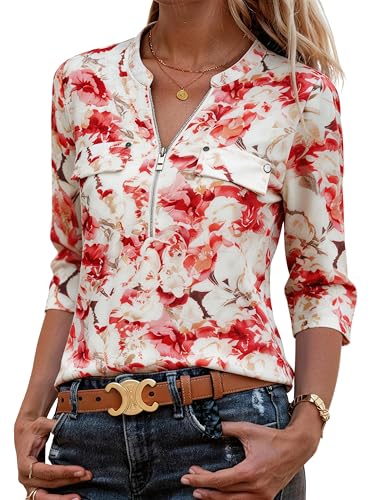 Image of Bulotus Womens 3 /4 Sleeve Tops Plus Size V Neck Zipper Business Casual Blouses for Office & Going Out Soft Knit Tunics, M-3XL