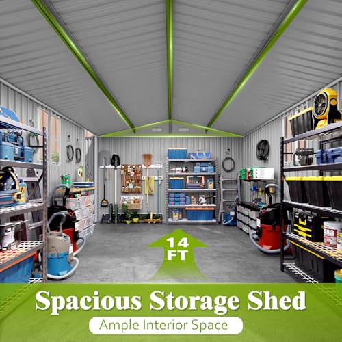 Image of 10x14 FT Metal Storage Shed,3 Lockable Doors,Window,Grey | 796cuft,7lbs /sqft roof.Sloped roof drains.Galvanized steel,rust proof.Clear window,vented.Side door