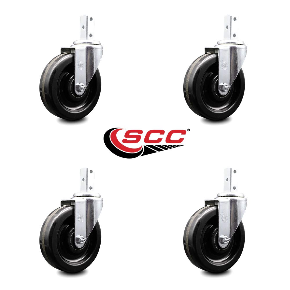 Swivel Square Stem Caster Set 4 w/5” x 1.25” Black Phenolic Wheel - 7/8” x 2” Square Stem with (3) 17/64” Diameter Mounting Holes - Includes 4 Swivel - 1200 lbs. Cpty/Caster - Service Caster Brand