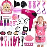 Hair Salon Toys for Girls, 36PCS Kids Pretend Play Makeup Sets, Dress Up Beauty Hair Stylist Toy Kit with Barber Apron, Hair Dryer, Curling Iron, Mirror, Scissors and Styling Accessories
