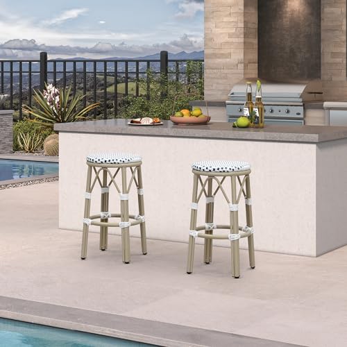 Image of PURPLE LEAF Patio Round Counter Height Stool Set of 2 Outdoor Backless Barstools Aluminum Frame in Champagne Finish with White & Blue Woven Rattan for Indoor Kitchen Dining Bistros Cafe Restaurant
