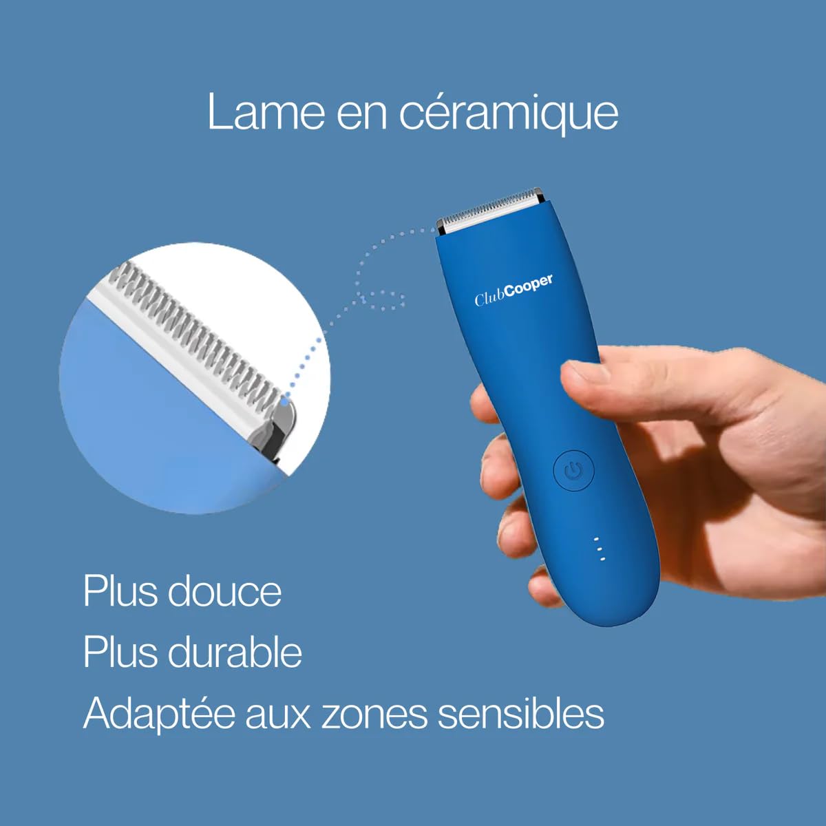 Tondeuse Intime Homme ClubCooper – Tondeuse Corps Homme Parties Intimes – Rasoir Électrique Anti-Coupures Zones Sensibles – Lame Céramique Waterproof – Pubis Testicules – 0/3/6/9/12mm USB (Bleu)