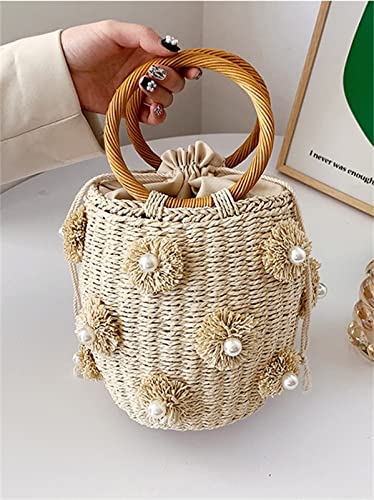 Image of Summer Straw Bag for Women Pearl Flower Bucket Tote Bag Diamond Handbag Hand Woven Rattan Shell Purse Drawstring