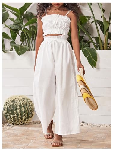 Image of Floerns Girl's 2 Piece Set Ruffle Trim Cami Tops with Paperbag Waist Wide Leg Pants