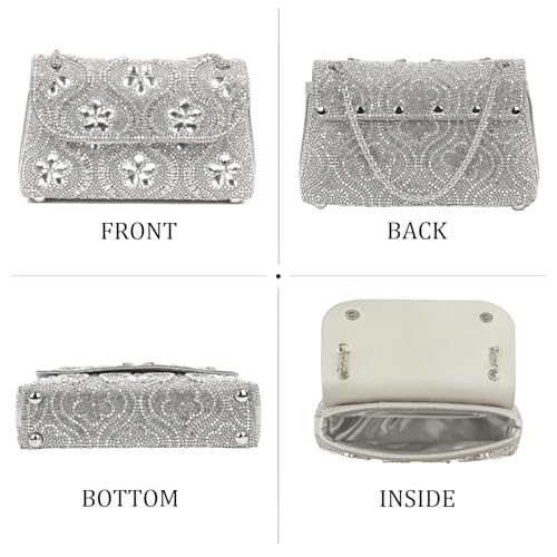 Image of Flower Rhinestone Crystal Clutch Purse Shoulder Bag Sparkling Evening Bag for Wedding Prom Party Bride Guest