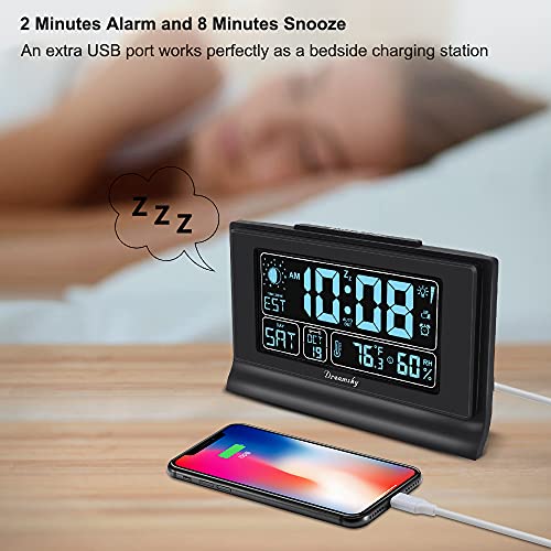 Image of DreamSky Alarm Clocks for Bedrooms with Battery Backup, Auto Set | Digital Clock with Date and Day of Week, Indoor Temperature Humidity, Moon Phase, Dimmer, Auto DST, USB Port