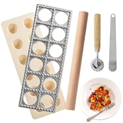Ravioli Former, Ravioli Maker mit Nudelholz, 12 Teigtaschen Raviolibrett mit Teigtaschenrad Former Fleischspatel Raviolibrett