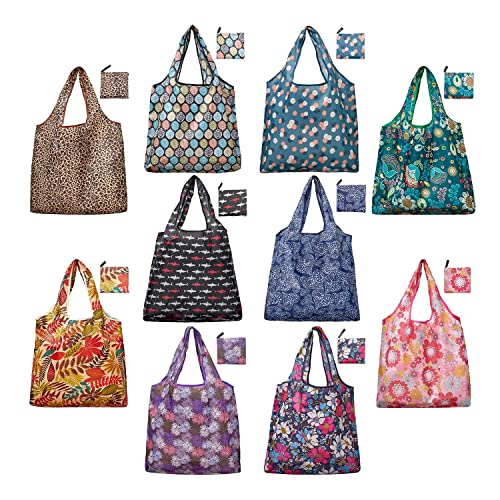 Myingaou Grocery Bags Reusable Foldable 10 Pack Shopping Tote 50LBS Extra Large Ripstop Pattern Machine Washable Storage