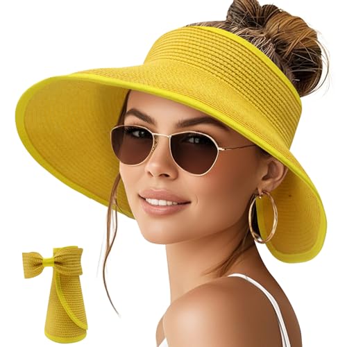 Image of NPQQUAN Sun Visor Hats for Women Wide Brim Ponytail Straw Beach Hat Packable Foldable UPF 50+ Floppy Travel Hats