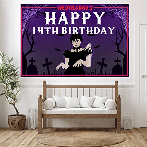Wednesday Banner Happy 14Th Birthday Backdrop Horror Fantasy Tv Drama Theme For Boy Girl Fan Room Bedroom Playroom College Dorm And Apartment Decorations Wednesday Party Supplies Birthday Party Décor #TOP3