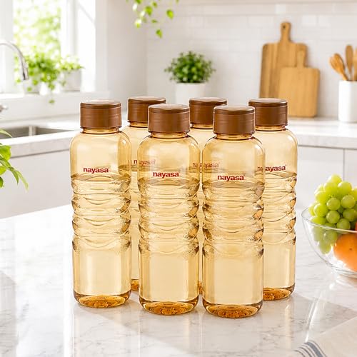 Image of Nayasa Revello 1000 ML Pet Plastic Fridge Water Bottles Set of 6 | BPA Free | Leak Proof | Airtight Lid | Brown