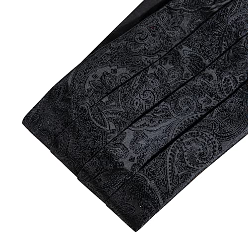 Image of Barry.Wang Men Silk Paisley Cummerbund and Pre-tied Bowtie Handkerchief Cufflink Set for Tuxedo