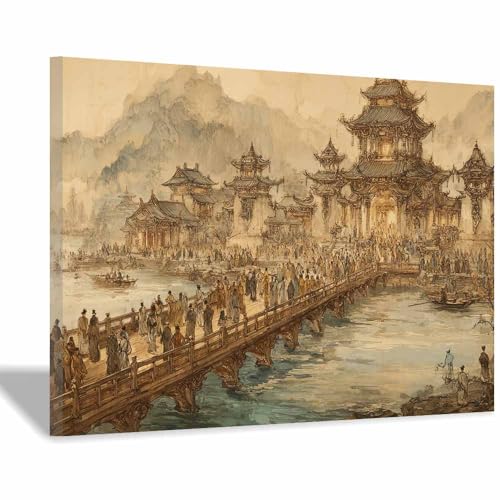 Toile pont paysage nature animée CUDAOO, cadre marron 40x60cm pour réchauffer un mur blanc