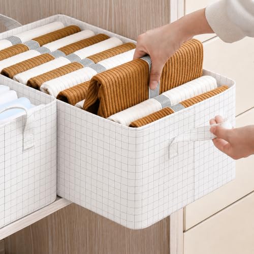 Image of HomeCloud Foldable Cloth Basket for Storage with Metal Frame and Handles, Clothes Organizer for Wardrobe, Clothing Storage Solutions (Off White, Set of 4)