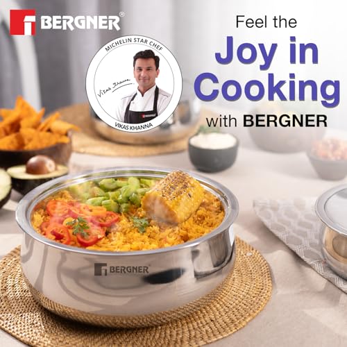 Image of Bergner Vienna Stainless Steel Hot Pot, 19cm /1L Double Walled Serving Casserole with PU Insulated Stainless Steel Lid, Chapati Box, Cast Steel Knob, Food Grade, Keeps Food Hot for Long Hours