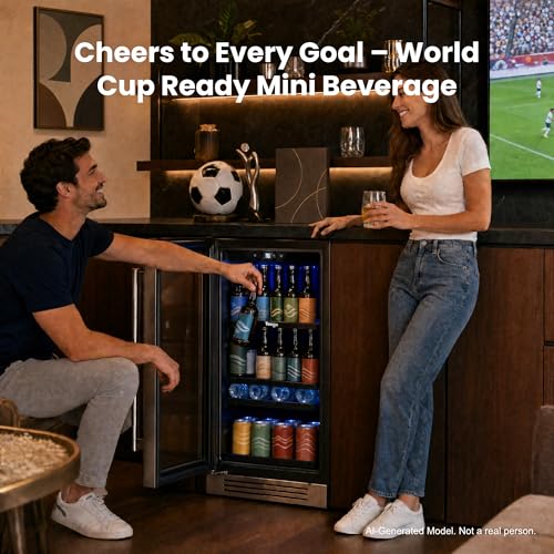 Image of Yeego 15 Inch Beverage Refrigerator, Beverage Cooler Stainless Steel Refrigerator Built-in or Freestanding, Small Wine Fridge with Glass Door, Drink Fridge for Beer, Soda, Wine (Left-Hinged)