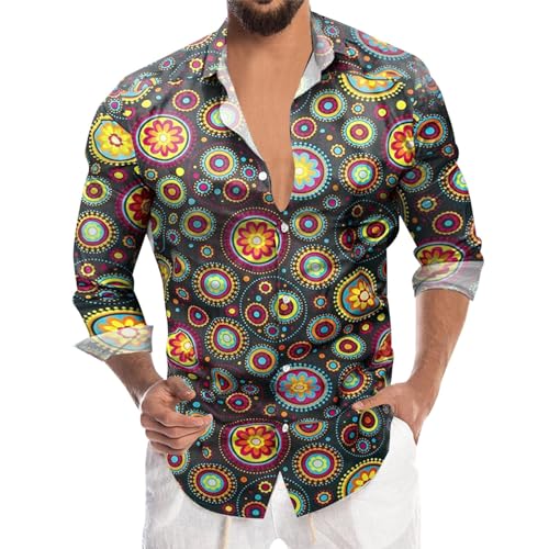 Camiseta de manga larga para hombre de colores, hippies de los 70, floral, arcoíris, retro, flores, hawaiana, para hombres, camiseta de ocio, camiseta hawaiana, fiesta, camiseta de moda, camisa de