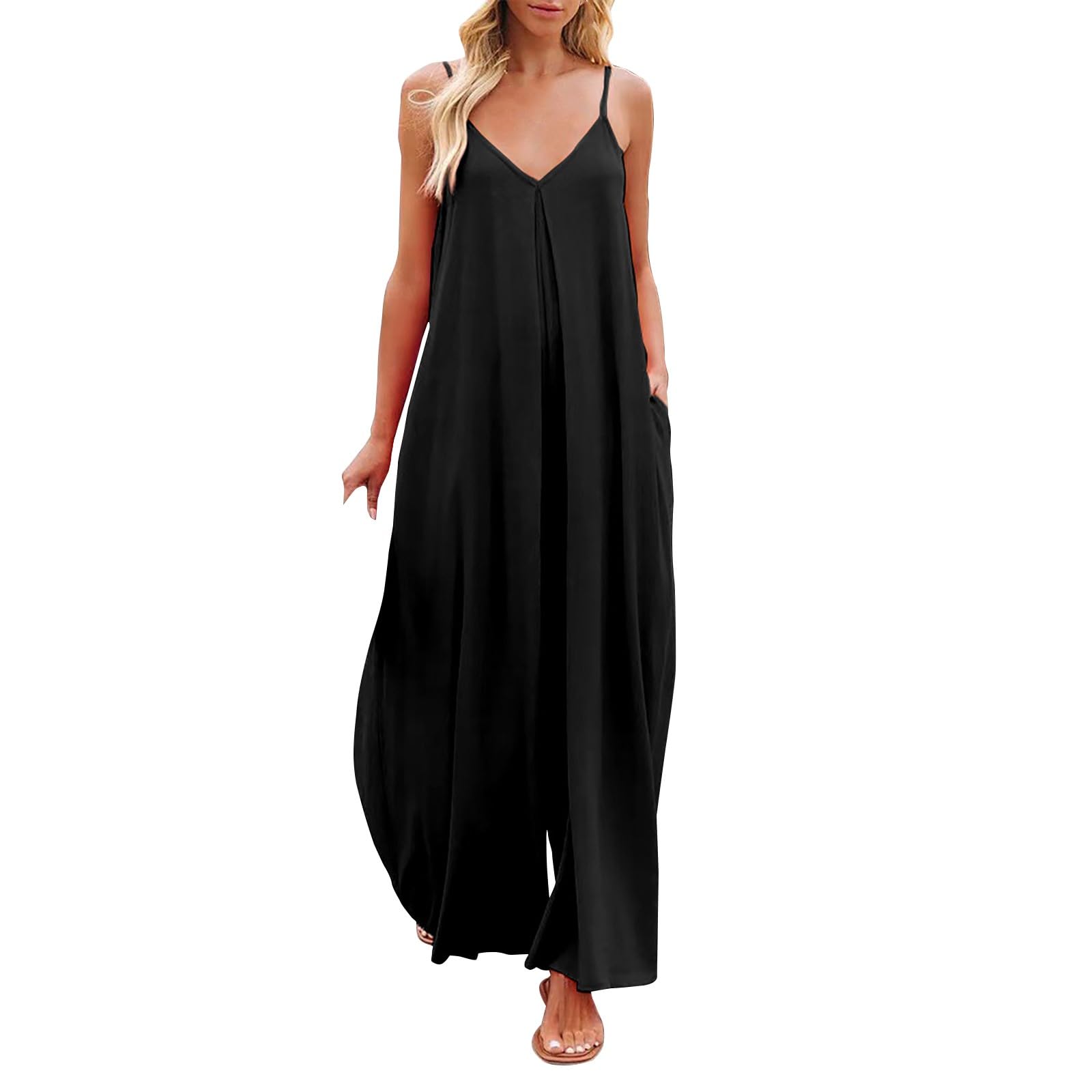 L9WEI Mono de cuello en V para mujer, sin mangas, informal, tirantes delgados, con bolsillo, holgado, pierna ancha, talla única