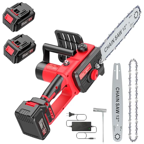 Image of 12Inch Brushless Mini Chainsaw Cordless, Electric Chainsaw Battery, Cordless Chainsaw with Battery and Charger, Handheld Chainsaw for Cutting Wood and Trimming, 3000mah Battery *2