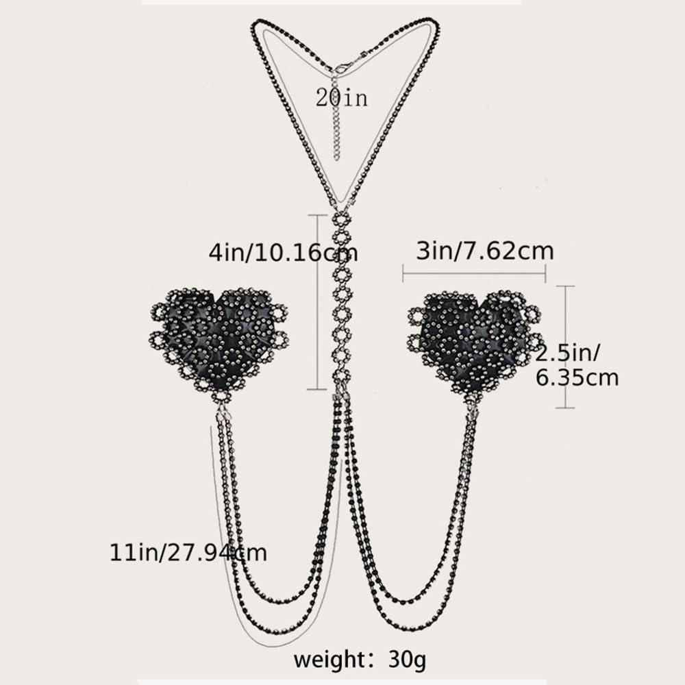 Black Heart Nipple Pasties Body Chain for Women Sexy Rhinestone Bra Chest Chain Crystal Heart Nipple Cover Stickers Nipple Chain Body Accessories Jewelry for Bikini Beach Nightclub Party