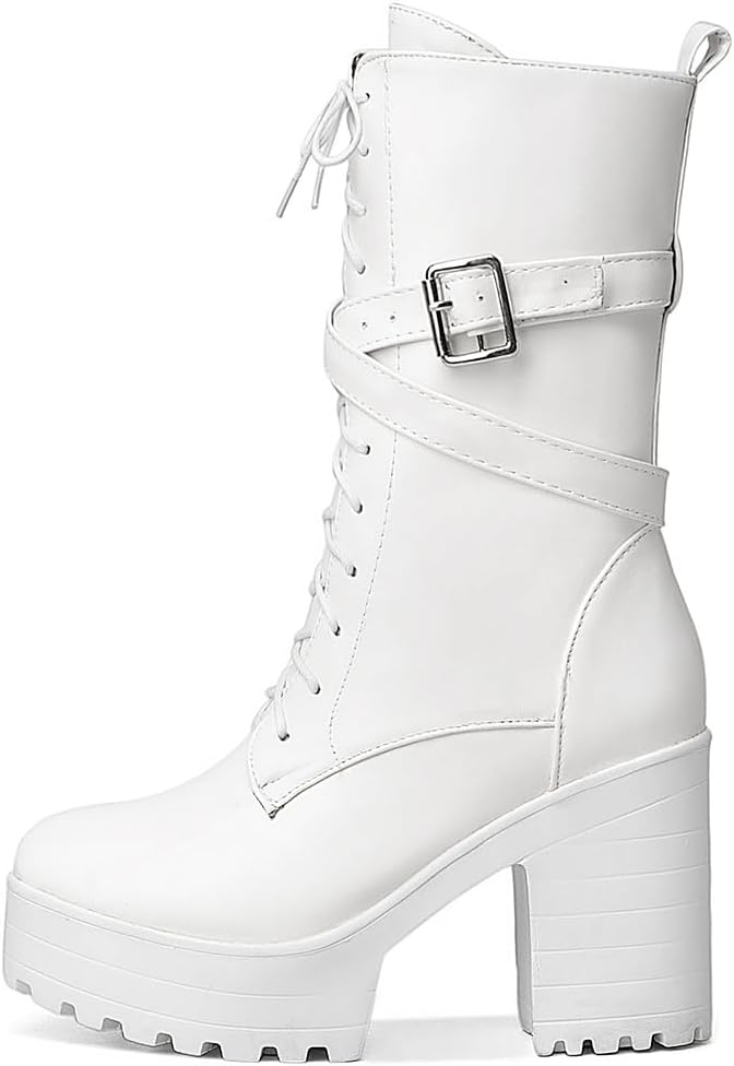 Parisuit Women's Chunky High Heel Lace Up Mid Calf Boots Goth Buckle Platform Combat Boots Punk Zip Up Booties