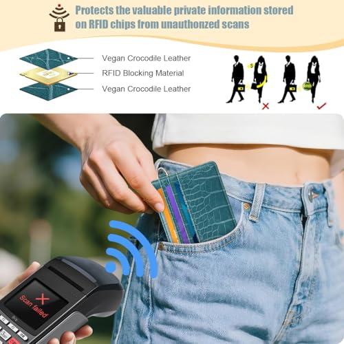 Image of Slim Credit Card Holder Crocodile Wallet Women Thin Wallets | Alligator Print RFID Blocking Minimalist Lightweight Pocket Small Cute Cards Holders ID Window, Blue Croc