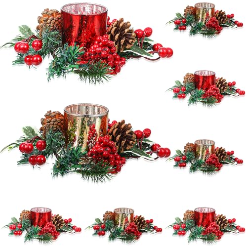 Ceenna Set of 16 Christmas Candle Rings Wreaths Pine Cones Garland Red Berry Poinsettia Pine Garland Candle Ring Holder for Christmas Wedding Home Table Centerpiece Party