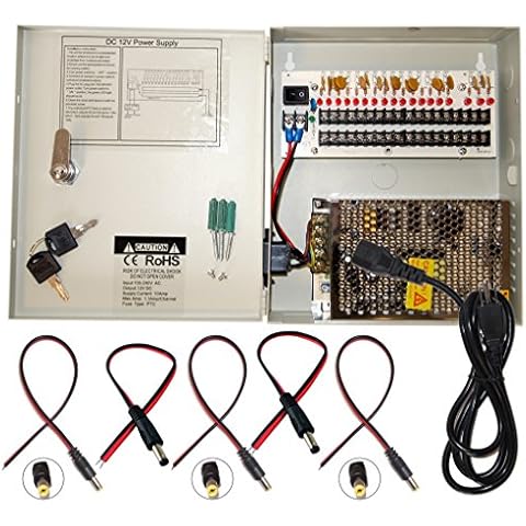 Evertech 16 Channel 12 Volt DC Output CCTV Distributed Power Supply Box for Security Camera with 18 Pcs. DC Male Pigtail Cover
