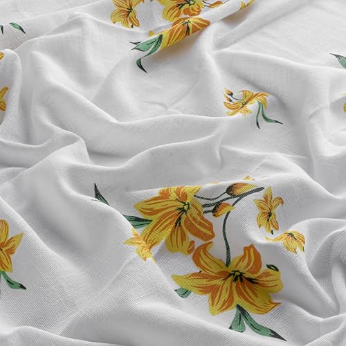 Image of HOMEMONDE Cotton Sheer Curtains for Window Sun Light Filtering Linen Textured Curtain Single Piece, Yellow Flower Printed, Hangs with Eyelets - (L 5FT x W 4.5FT)